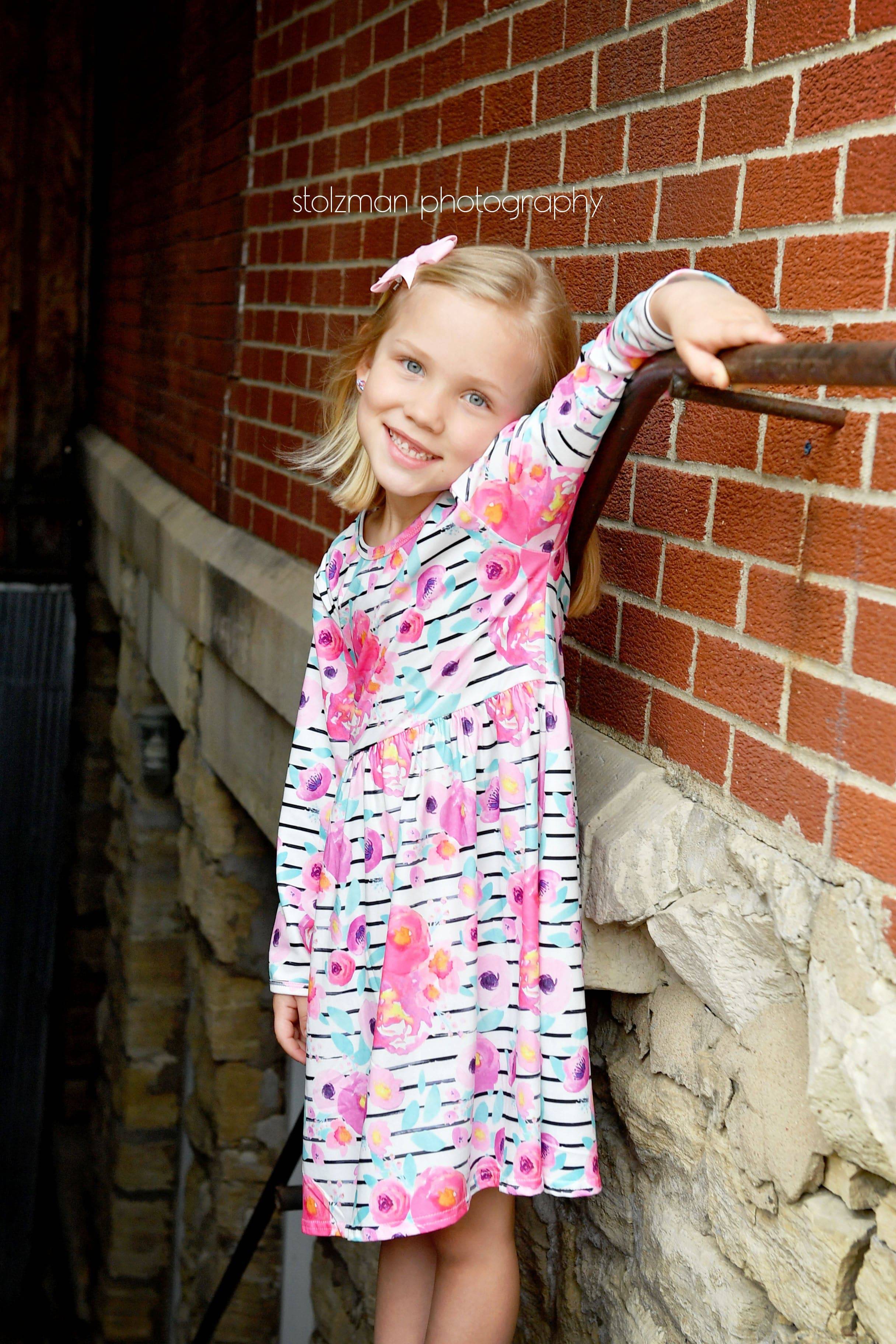 Striped Floral Long Sleeve Milk Silk Flutter Dress