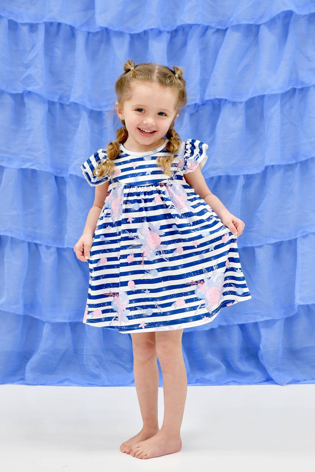 Pale Blue Stripe Floral Milk Silk Flutter Dress