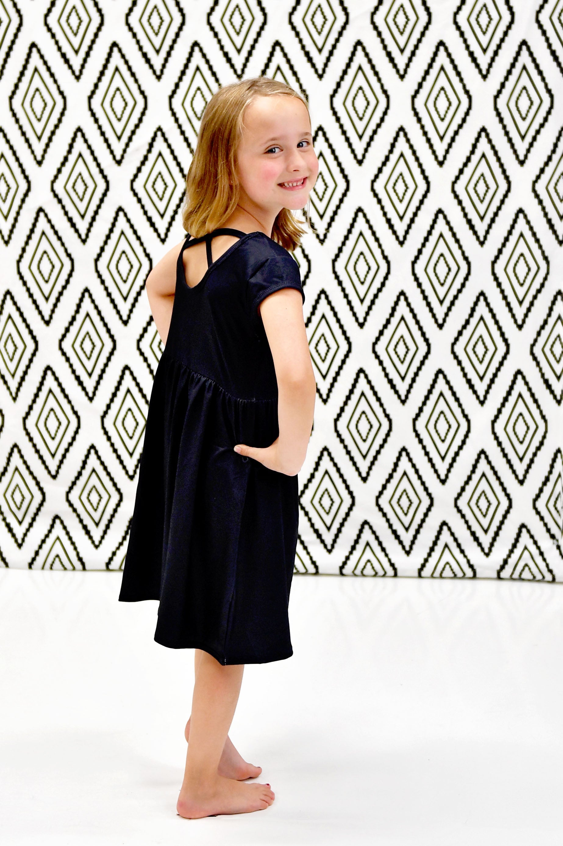 Dark Navy Solid Short Sleeve Cross Back Milk Silk Dress