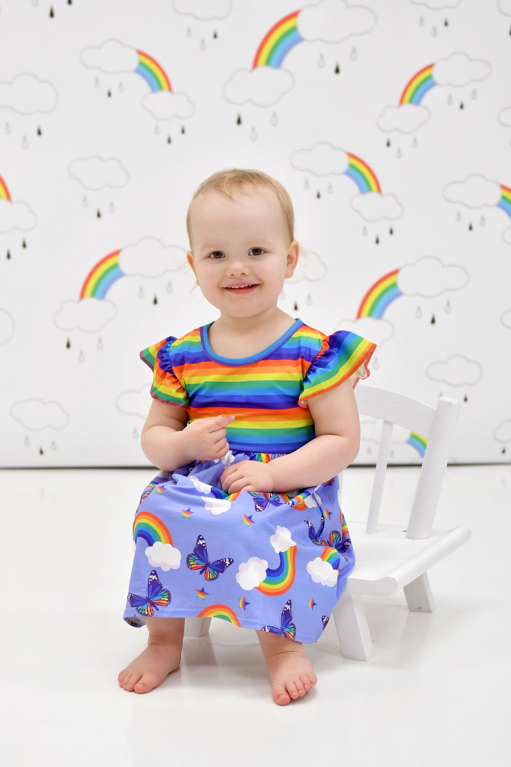 Rainbow Butterfly Long Flutter Milk Silk Dress