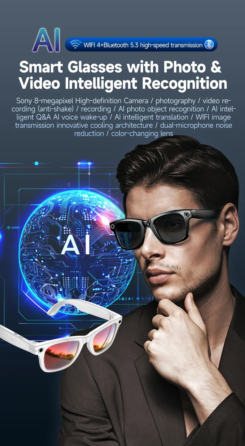 GUHUAVMI AI Smart Glasses 800W Anti Shake HD Camera Video Recording Languages Translation Sunglasses Bluetooth Call Music Play