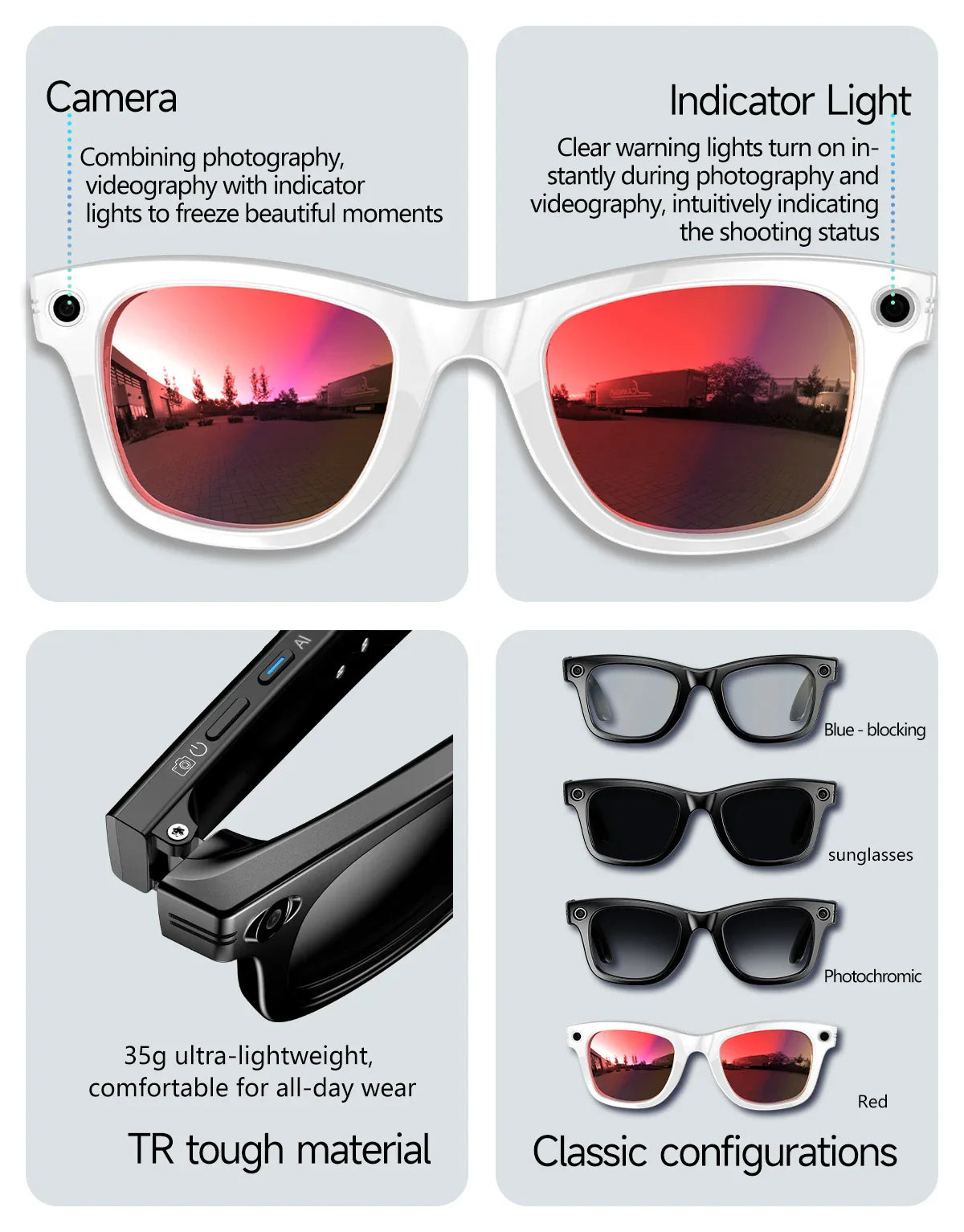 GUHUAVMI AI Smart Glasses 800W Anti Shake HD Camera Video Recording Languages Translation Sunglasses Bluetooth Call Music Play